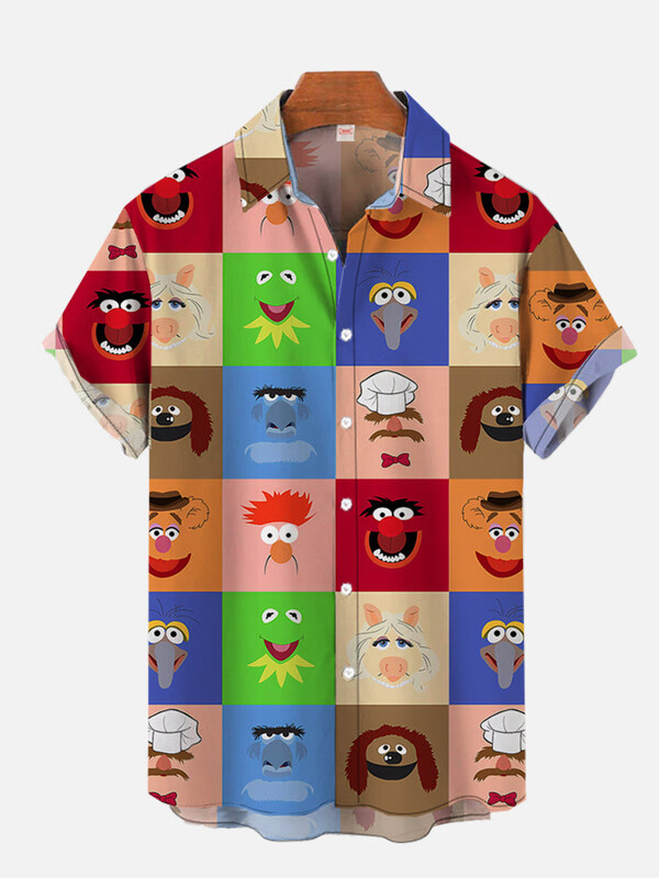 Animacinių filmų personažai Vasaros klasikinio stiliaus kratinys Retro Havajų marškinėliai Spalvoti geometriniai spalvoti spaudiniai Trumpa gėlių palaidinė