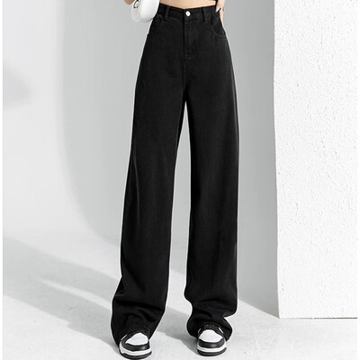 Sieviete ar augstu vidukli saliktas taisnas kājas džinsi sieviešu gotikas brīvas platas bikses meitenes Y2k melnas zilas gaiši zilas džinsa bikses