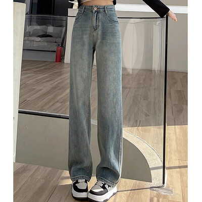 Sieviete ar augstu vidukli saliktas taisnas kājas džinsi sieviešu gotikas brīvas platas bikses meitenes Y2k melnas zilas gaiši zilas džinsa bikses
