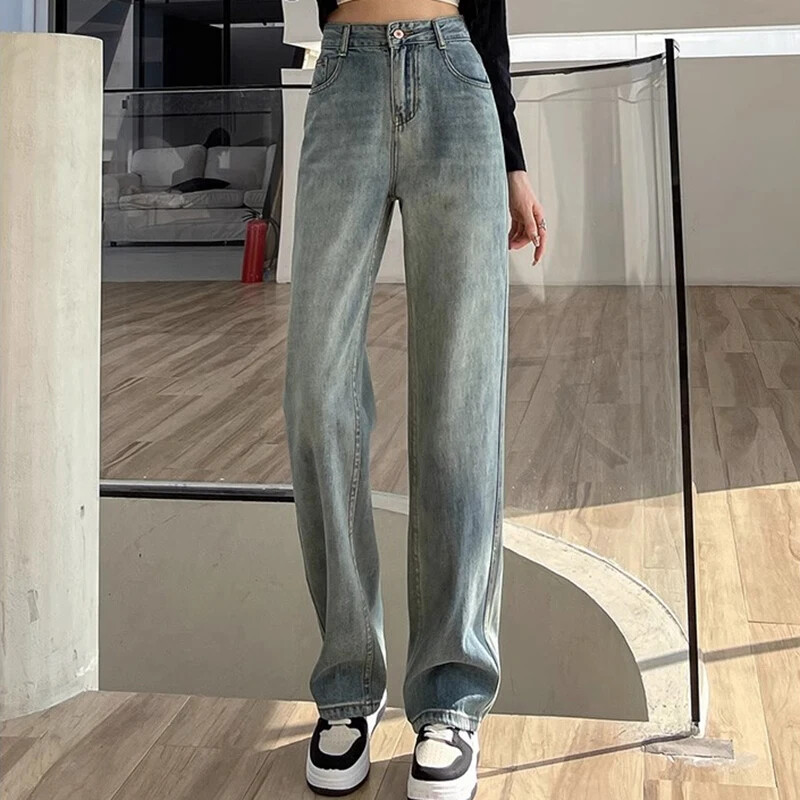 Sieviete ar augstu vidukli saliktas taisnas kājas džinsi sieviešu gotikas brīvas platas bikses meitenes Y2k melnas zilas gaiši zilas džinsa bikses