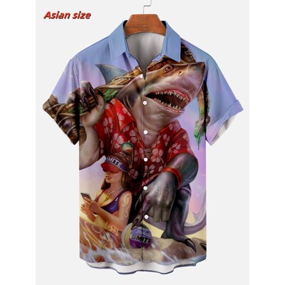 Laheda mereloomade mustriga Hawaii särk meestele hai kombitsad 3D prinditud lühikeste varrukatega vabaaja revääriga Aloha särgid pluusid