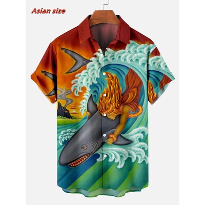 Laheda mereloomade mustriga Hawaii särk meestele hai kombitsad 3D prinditud lühikeste varrukatega vabaaja revääriga Aloha särgid pluusid