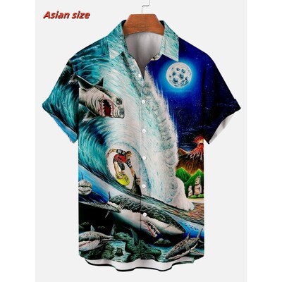 Laheda mereloomade mustriga Hawaii särk meestele hai kombitsad 3D prinditud lühikeste varrukatega vabaaja revääriga Aloha särgid pluusid
