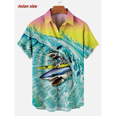 Laheda mereloomade mustriga Hawaii särk meestele hai kombitsad 3D prinditud lühikeste varrukatega vabaaja revääriga Aloha särgid pluusid