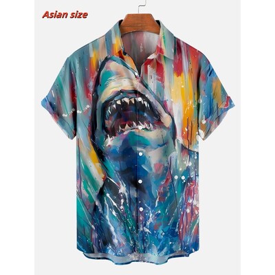 Laheda mereloomade mustriga Hawaii särk meestele hai kombitsad 3D prinditud lühikeste varrukatega vabaaja revääriga Aloha särgid pluusid