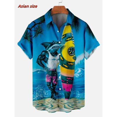 Laheda mereloomade mustriga Hawaii särk meestele hai kombitsad 3D prinditud lühikeste varrukatega vabaaja revääriga Aloha särgid pluusid