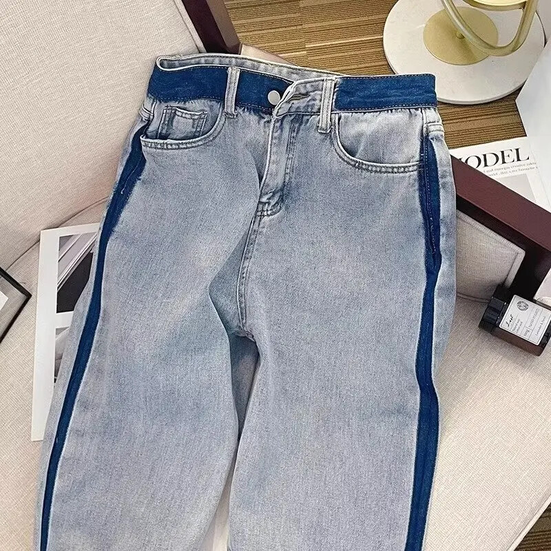 2024. aasta suve uus stiil Ameerika stiilis vintage värvi blokeerivad teksad Naiste kõrge vöökohaga sirge sääre laia säärega pikad püksid