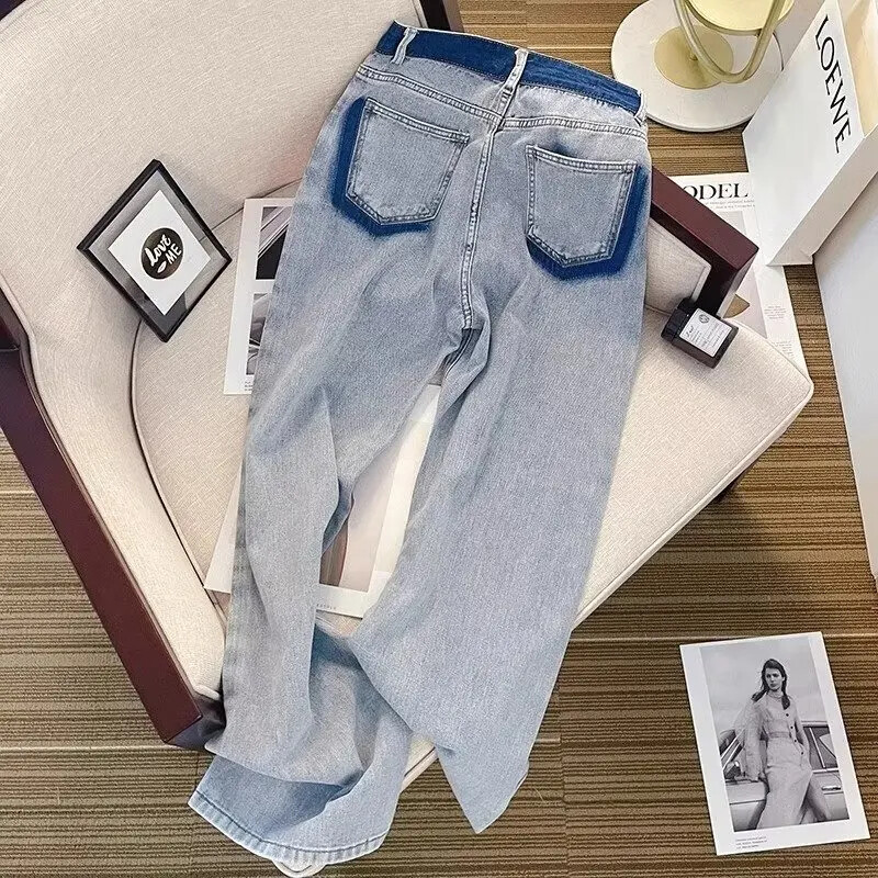 2024. aasta suve uus stiil Ameerika stiilis vintage värvi blokeerivad teksad Naiste kõrge vöökohaga sirge sääre laia säärega pikad püksid