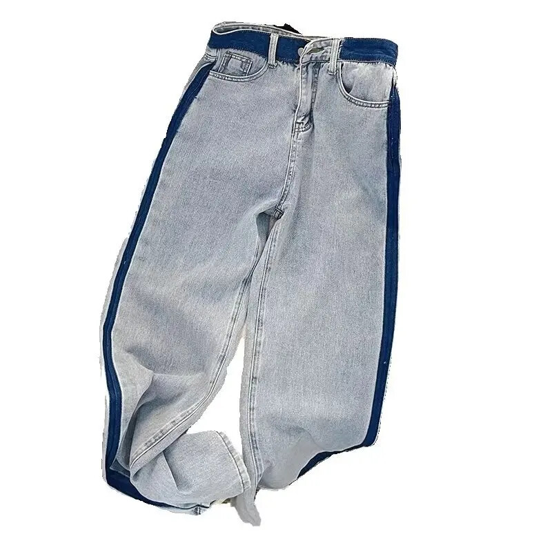 2024. aasta suve uus stiil Ameerika stiilis vintage värvi blokeerivad teksad Naiste kõrge vöökohaga sirge sääre laia säärega pikad püksid