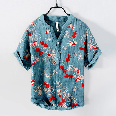 Octopus Graphic Print Henry särk Meeste lühikeste varrukatega linane särk Topid Uus saabumine Suvine vabaaja T-särk Moerõivaste topid