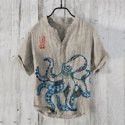 Octopus Graphic Print Henry särk Meeste lühikeste varrukatega linane särk Topid Uus saabumine Suvine vabaaja T-särk Moerõivaste topid