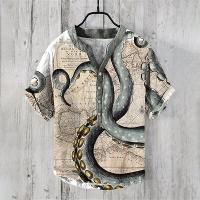 Octopus Graphic Print Henry särk Meeste lühikeste varrukatega linane särk Topid Uus saabumine Suvine vabaaja T-särk Moerõivaste topid