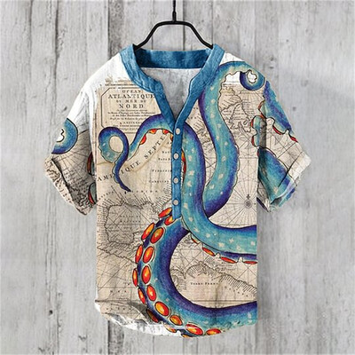 Octopus Graphic Print Henry särk Meeste lühikeste varrukatega linane särk Topid Uus saabumine Suvine vabaaja T-särk Moerõivaste topid