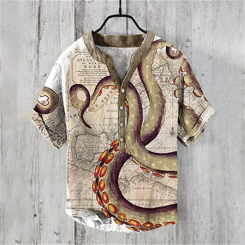 Octopus Graphic Print Henry särk Meeste lühikeste varrukatega linane särk Topid Uus saabumine Suvine vabaaja T-särk Moerõivaste topid
