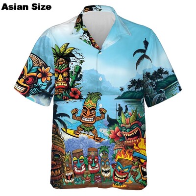 3d Tiki Print Hawaii särgid meestele Polüneesia Retro meeste särk Lahti vabaaja meeste riided 2025 Uus trend meeste lühikeste varrukatega särk