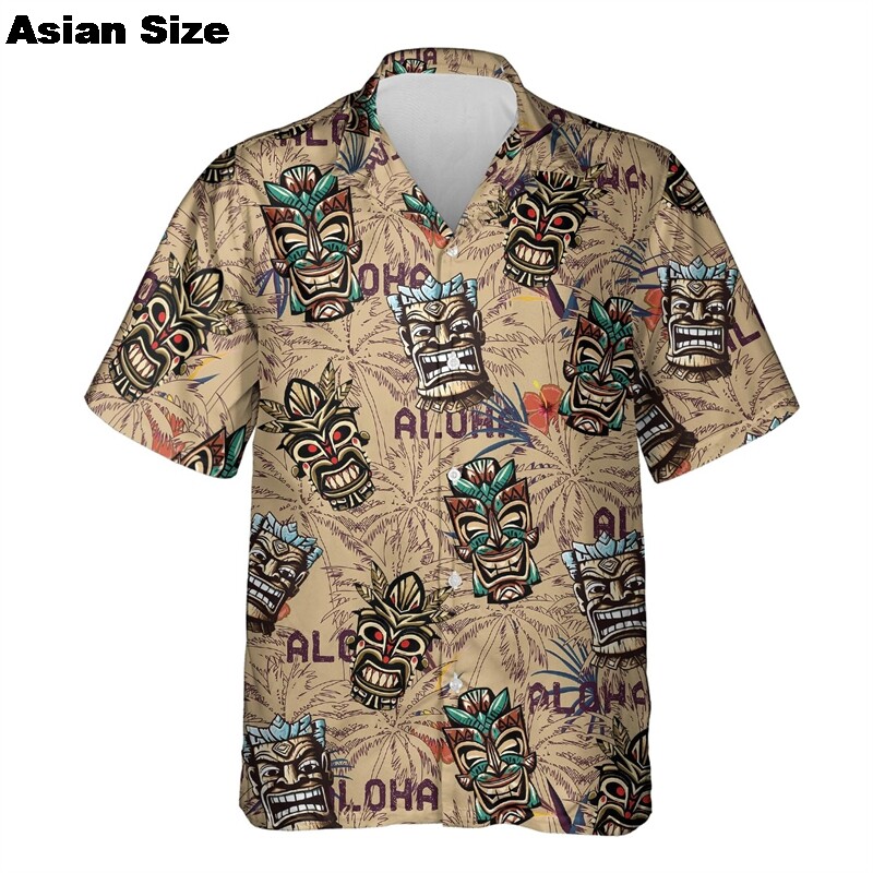 3d Tiki Print Hawaii särgid meestele Polüneesia Retro meeste särk Lahti vabaaja meeste riided 2025 Uus trend meeste lühikeste varrukatega särk