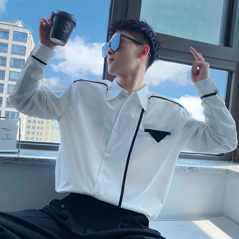 Sprin Autumn Uus mood ühevärviline POLO krae Meeste riided pikkade varrukatega särgid Chaopai Lihtsus Mitmekülgsed Nööbid Pluusid