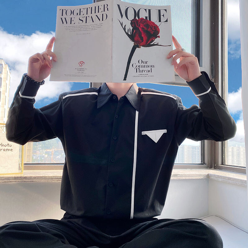 Sprin Autumn Uus mood ühevärviline POLO krae Meeste riided pikkade varrukatega särgid Chaopai Lihtsus Mitmekülgsed Nööbid Pluusid