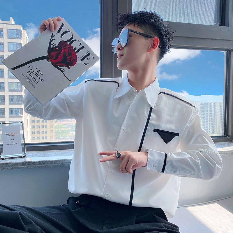 Sprin Autumn Uus mood ühevärviline POLO krae Meeste riided pikkade varrukatega särgid Chaopai Lihtsus Mitmekülgsed Nööbid Pluusid