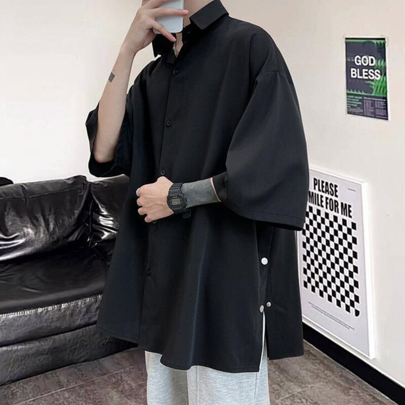 Suvine lühikeste varrukatega särk Meeste Suur must valge särk Meeste tänavarõivad Korea lahtised jääsiidist särgid Meeste vabaaja särk M-3XL