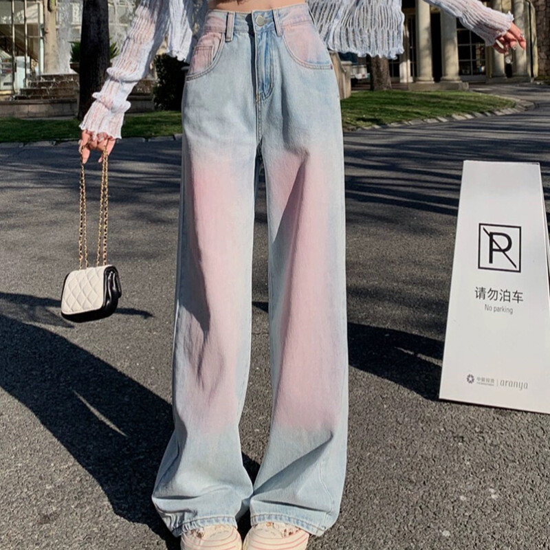 Naine kõrge vöökohaga Harajuku sirge säärega teksad, naiste Y2k 2000. aastate kottis virnastatud püksid Daami gooti vintage helesinised teksapüksid