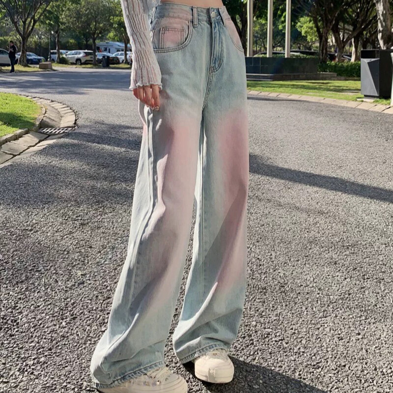 Naine kõrge vöökohaga Harajuku sirge säärega teksad, naiste Y2k 2000. aastate kottis virnastatud püksid Daami gooti vintage helesinised teksapüksid