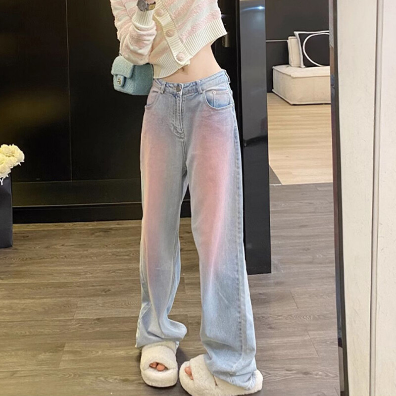 Naine kõrge vöökohaga Harajuku sirge säärega teksad, naiste Y2k 2000. aastate kottis virnastatud püksid Daami gooti vintage helesinised teksapüksid