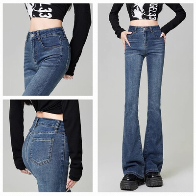 Naine Korea kõrge vöökohaga Grunge Flare Teksad Tüdrukud Mood Y2k Bell Bottom Püksid Naine Sinine Must Hall Tänavarõivad Denimpüksid