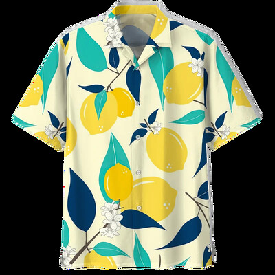 Sidrunimustriga Aloha särgid Meeste 3D-trükiga troopilised puuviljad Lühikeste varrukatega nööppluus Tänavarõivad Suure revääriga Hawaii särk