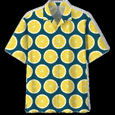 Sidrunimustriga Aloha särgid Meeste 3D-trükiga troopilised puuviljad Lühikeste varrukatega nööppluus Tänavarõivad Suure revääriga Hawaii särk