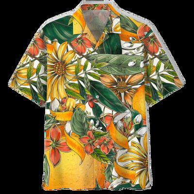 Sidrunimustriga Aloha särgid Meeste 3D-trükiga troopilised puuviljad Lühikeste varrukatega nööppluus Tänavarõivad Suure revääriga Hawaii särk