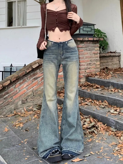 Vintage stiilis Ameerika teksad, naiste madala vöökohaga salendavad laia säärega püksid, püksid, uustulnuk, 2024. aasta suvi, sügis