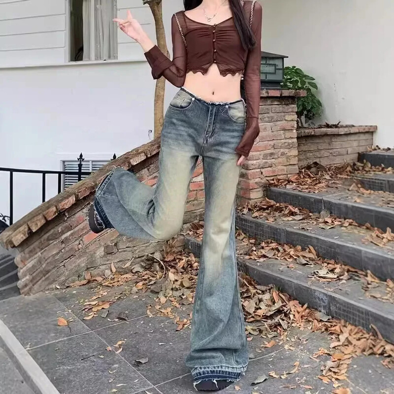 Vintage stiilis Ameerika teksad, naiste madala vöökohaga salendavad laia säärega püksid, püksid, uustulnuk, 2024. aasta suvi, sügis