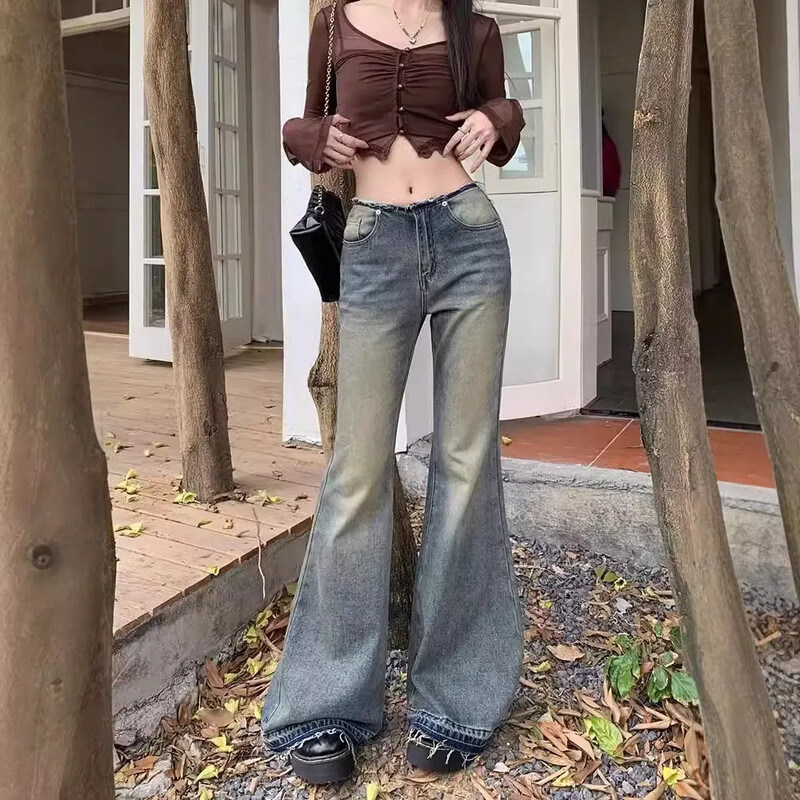 Vintage stiilis Ameerika teksad, naiste madala vöökohaga salendavad laia säärega püksid, püksid, uustulnuk, 2024. aasta suvi, sügis