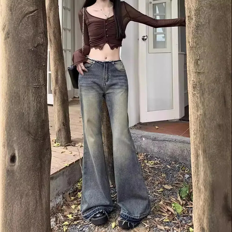 Vintage stiilis Ameerika teksad, naiste madala vöökohaga salendavad laia säärega püksid, püksid, uustulnuk, 2024. aasta suvi, sügis