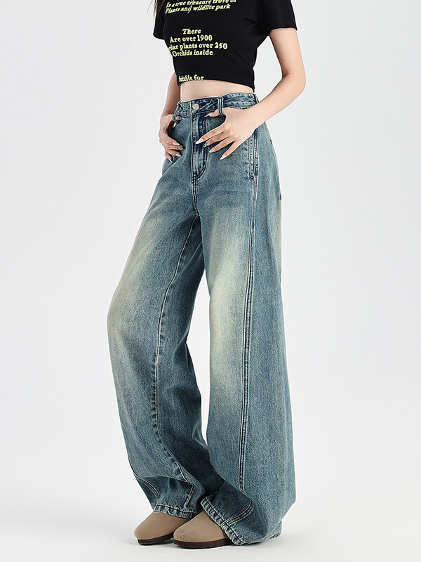 Suuremõõdulised naiste kottis teksad Ameerika retro kõrge vöökohaga laia säärega püksid kvaliteetse puuvillase splicing moesuunda teksapüksid