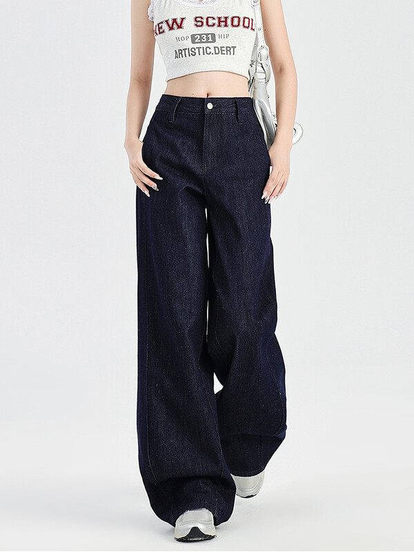 Suuremõõdulised naiste kottis teksad Ameerika retro kõrge vöökohaga laia säärega püksid kvaliteetse puuvillase splicing moesuunda teksapüksid