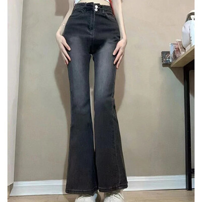 Naised Korean Flare Teksad Tüdrukud Kõrge vöökohaga Elastsed Saabas Püksid Lady Vintage Sinine Must Hall Pruunid Denim Bell Altpüksid