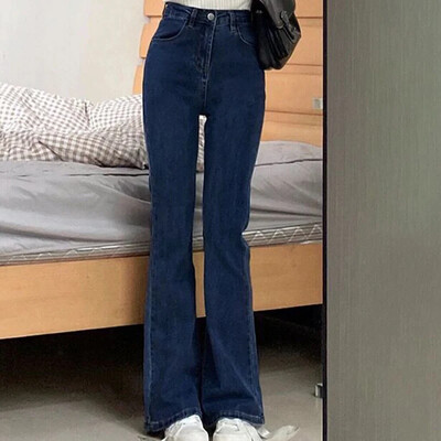 Naised Korean Flare Teksad Tüdrukud Kõrge vöökohaga Elastsed Saabas Püksid Lady Vintage Sinine Must Hall Pruunid Denim Bell Altpüksid