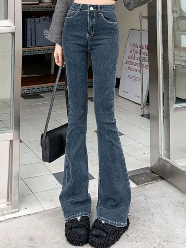 Naised Korean Flare Teksad Tüdrukud Kõrge vöökohaga Elastsed Saabas Püksid Lady Vintage Sinine Must Hall Pruunid Denim Bell Altpüksid