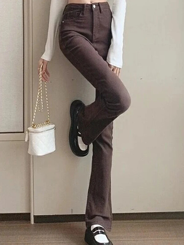 Naised Korean Flare Teksad Tüdrukud Kõrge vöökohaga Elastsed Saabas Püksid Lady Vintage Sinine Must Hall Pruunid Denim Bell Altpüksid