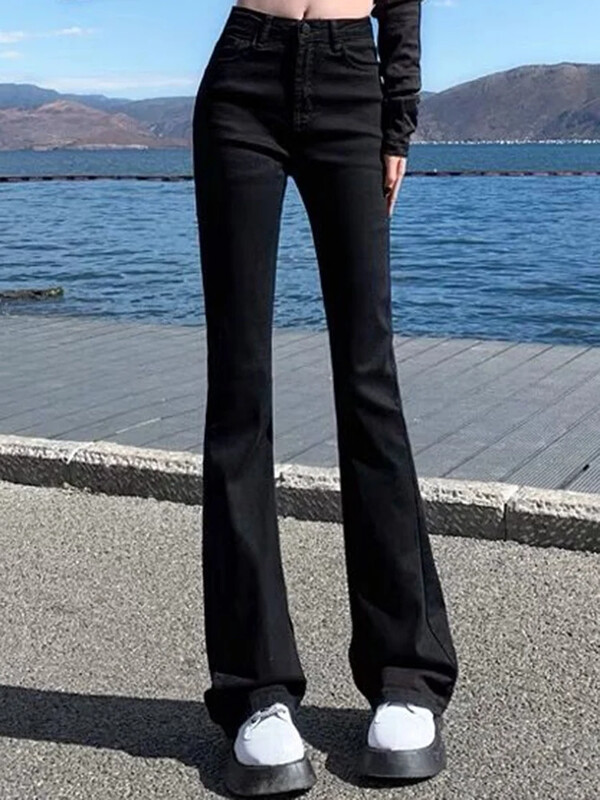 Naised Korean Flare Teksad Tüdrukud Kõrge vöökohaga Elastsed Saabas Püksid Lady Vintage Sinine Must Hall Pruunid Denim Bell Altpüksid