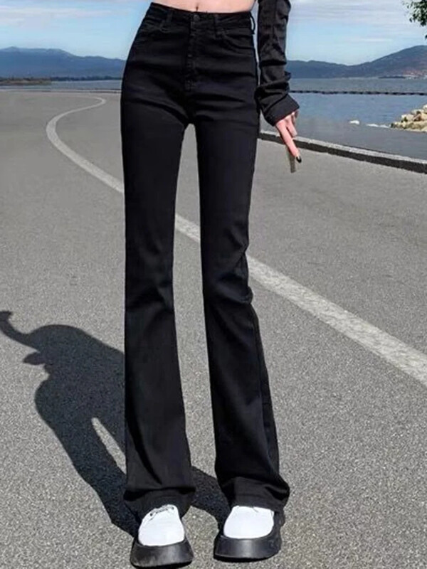 Naised Korean Flare Teksad Tüdrukud Kõrge vöökohaga Elastsed Saabas Püksid Lady Vintage Sinine Must Hall Pruunid Denim Bell Altpüksid