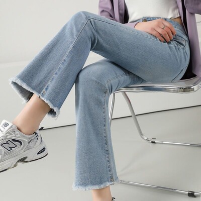 Flare Džinsai Moteriški pavasario rudens aukštu juosmeniu Patogios universalios High Street Young Style plonos elastinės kelnės 2024 Nauja