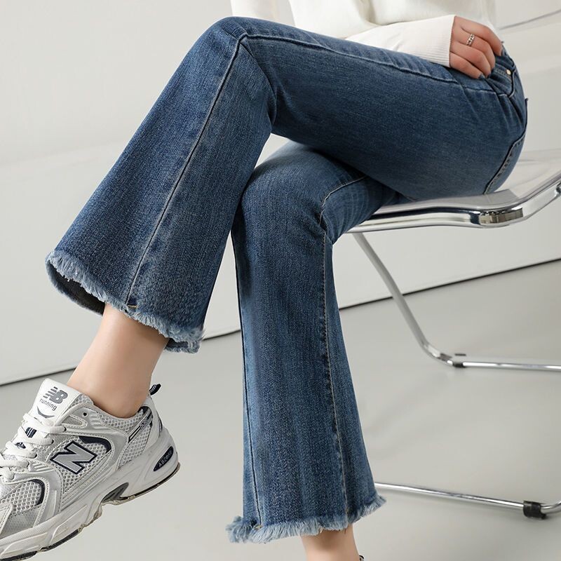 Flare Teksad Naiste Kevad sügis Kõrge vöökoht Mugavad kõik sobivad High Street Young Style Tutt õhukesed elastsed püksid 2024 Uus
