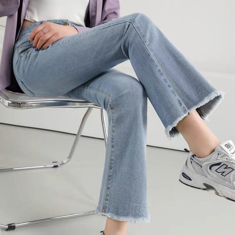 Flare Teksad Naiste Kevad sügis Kõrge vöökoht Mugavad kõik sobivad High Street Young Style Tutt õhukesed elastsed püksid 2024 Uus