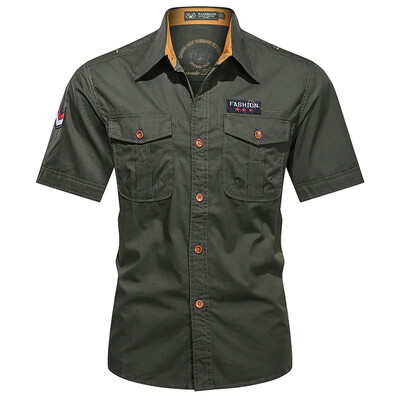 2025. gada vasaras karstā izpārdošana Vīriešu kokvilnas krekli ar īsām piedurknēm Modes brīvi elpojoši topi Augstas kvalitātes vīriešu darba kravas krekli Lielizmēra