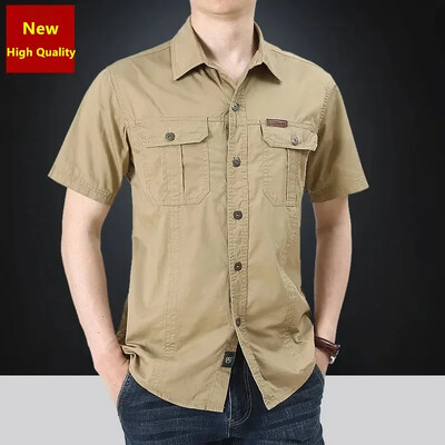 2025. gada vasaras karstā izpārdošana Vīriešu kokvilnas krekli ar īsām piedurknēm Modes brīvi elpojoši topi Augstas kvalitātes vīriešu darba kravas krekli Lielizmēra