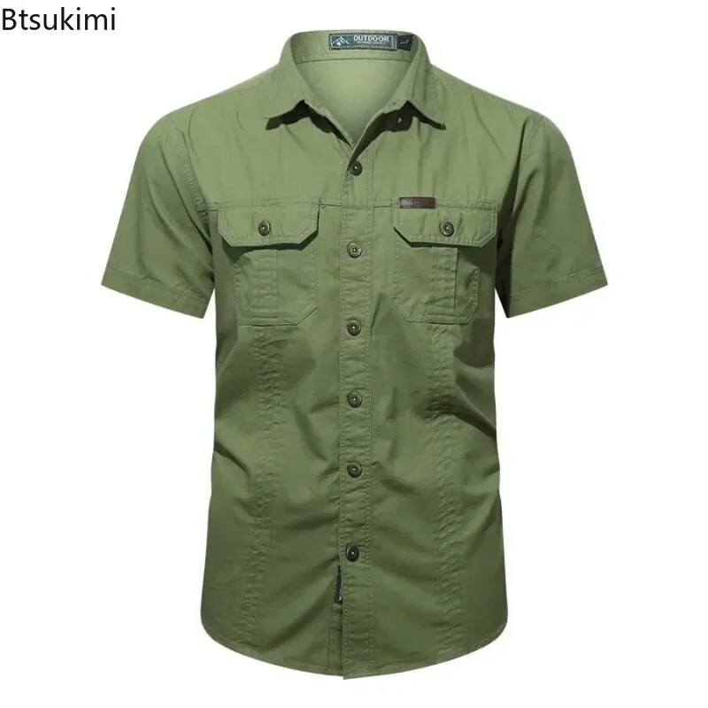 2025. gada vasaras karstā izpārdošana Vīriešu kokvilnas krekli ar īsām piedurknēm Modes brīvi elpojoši topi Augstas kvalitātes vīriešu darba kravas krekli Lielizmēra