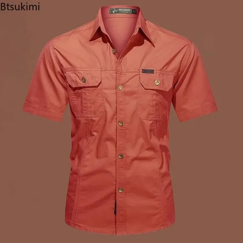 2025. gada vasaras karstā izpārdošana Vīriešu kokvilnas krekli ar īsām piedurknēm Modes brīvi elpojoši topi Augstas kvalitātes vīriešu darba kravas krekli Lielizmēra